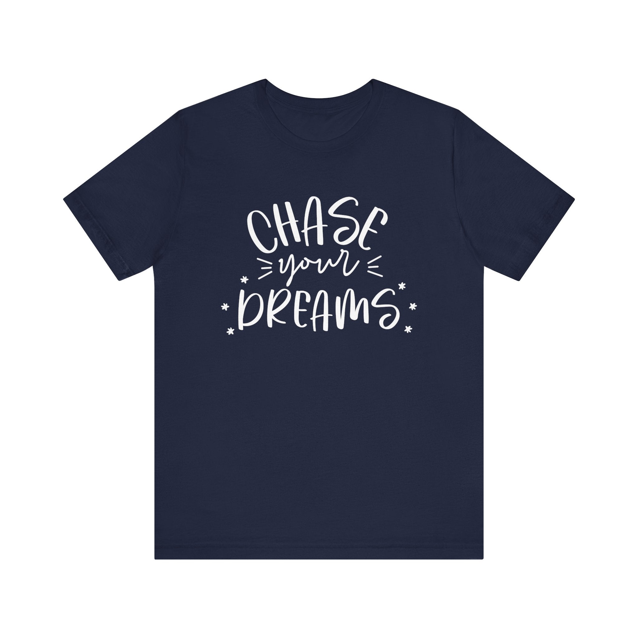Navy blue t-shirt with 'Chase your dreams' text 