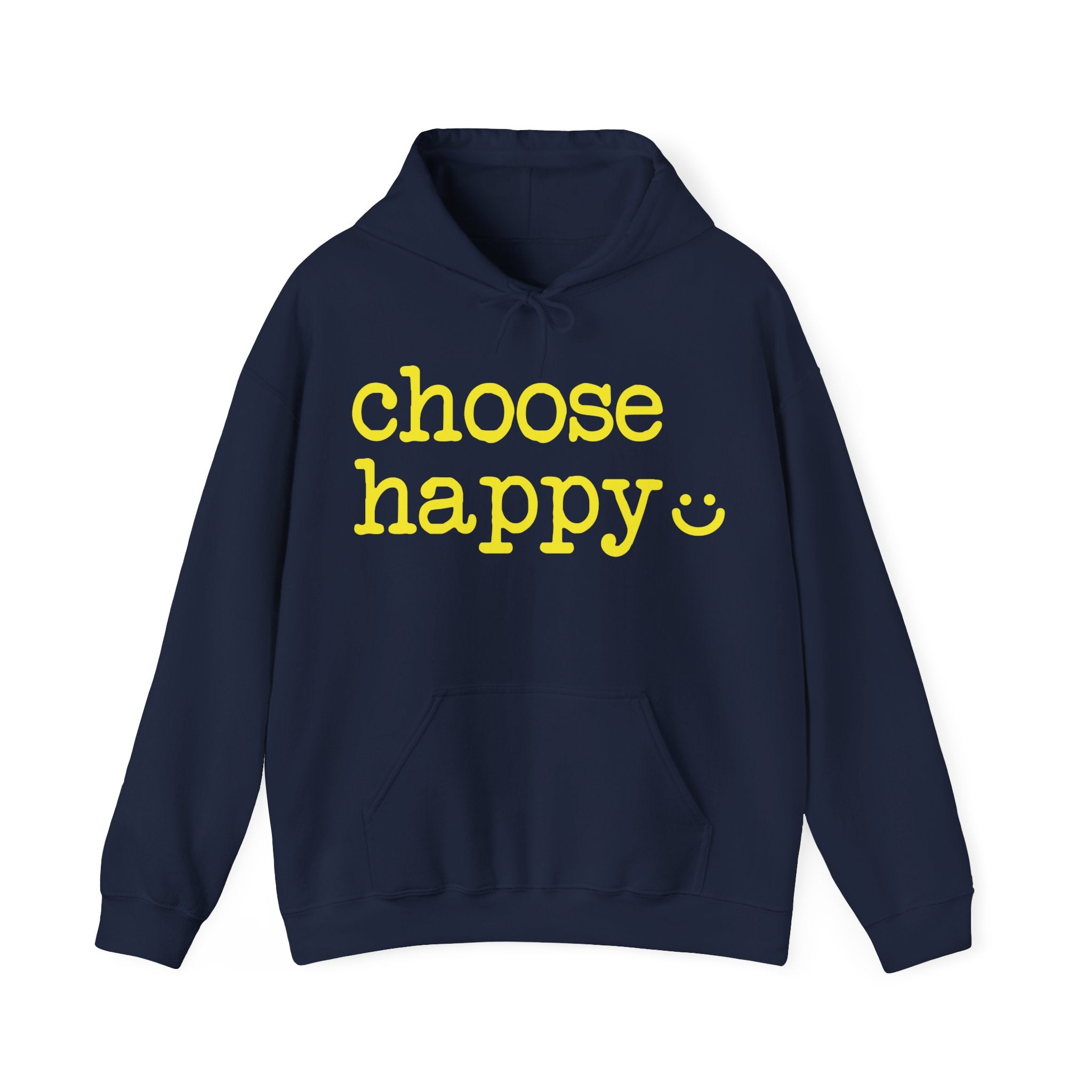 Navy blue hoodie with 'choose happy' text 