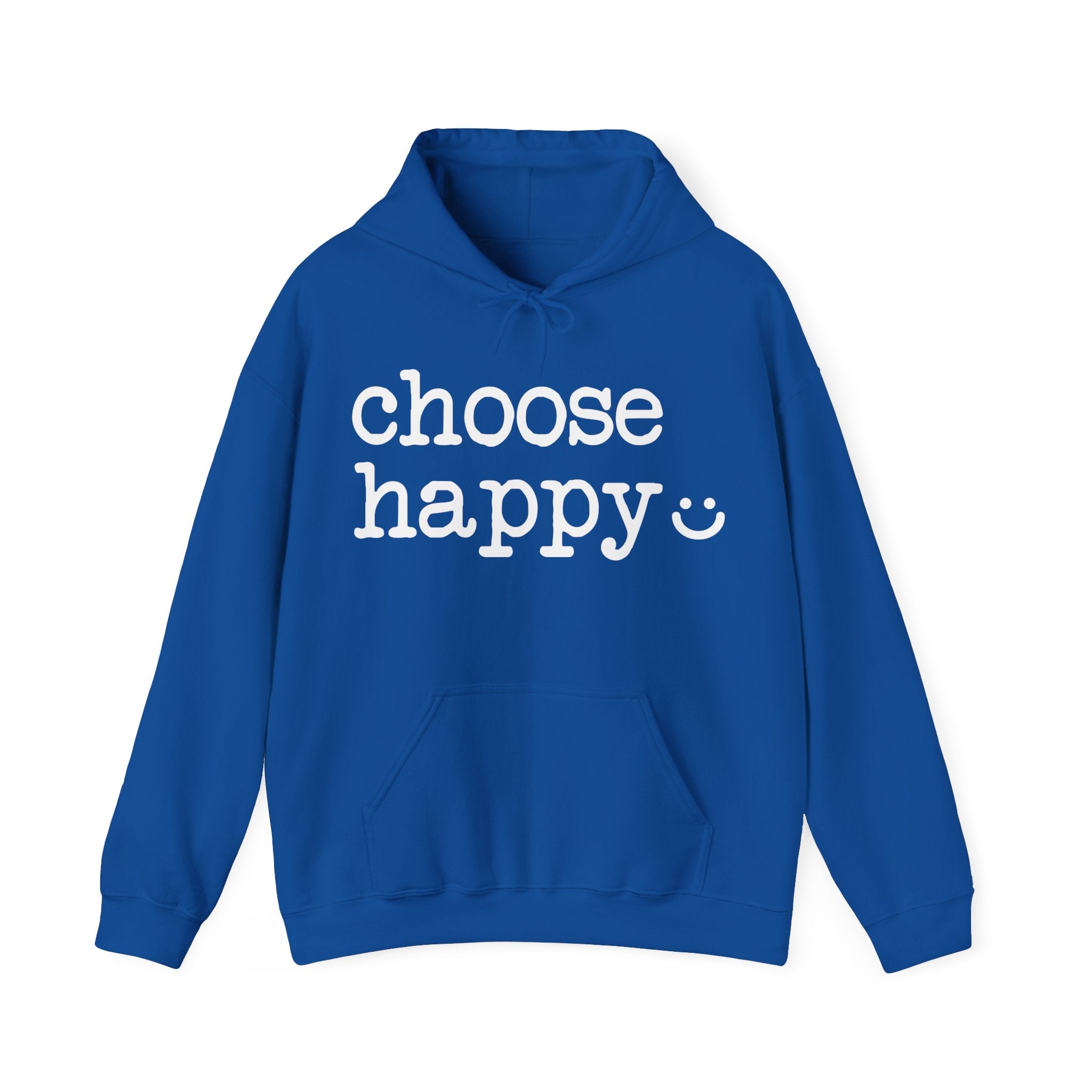 Royal Blue hoodie with 'choose happy' text 