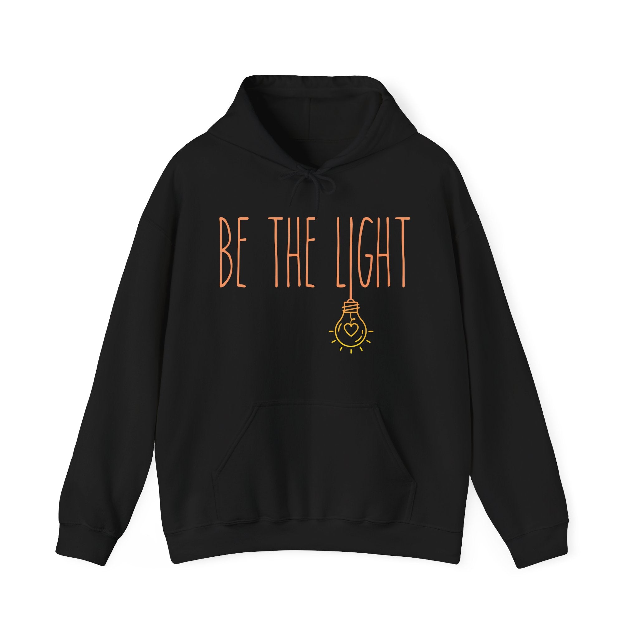 Black hoodie with 'BE THE LIGHT' text 