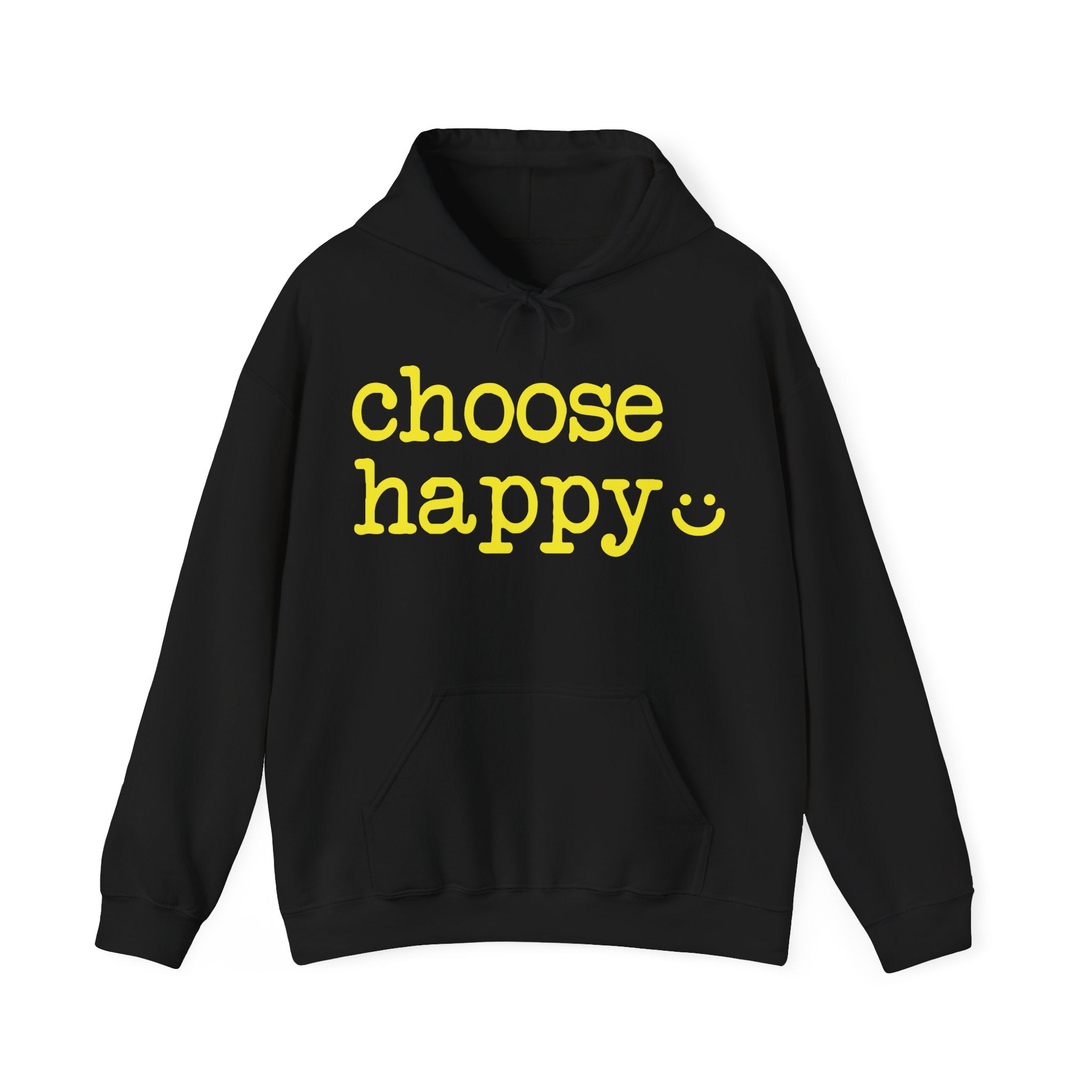 Black hoodie with yellow text 'choose happy' text