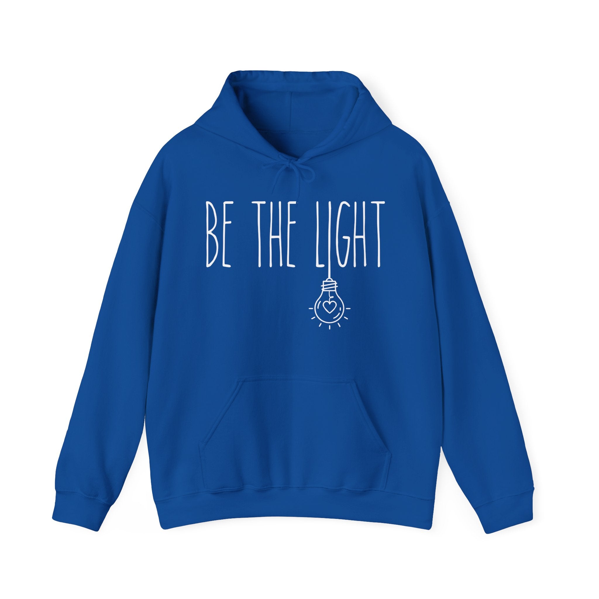 Royal Blue hoodie with 'Be the Light' text and light bulb graphic 