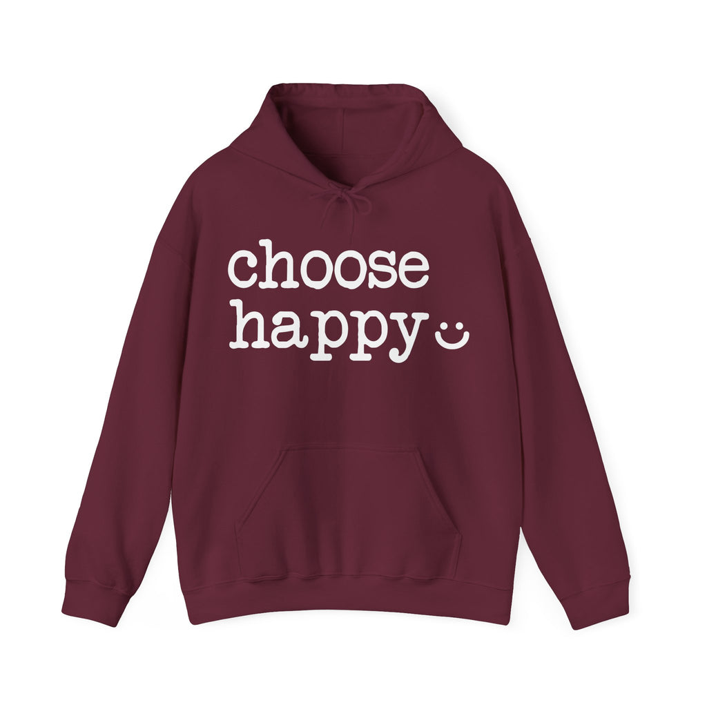 Maroon hoodie with 'choose happy' text 