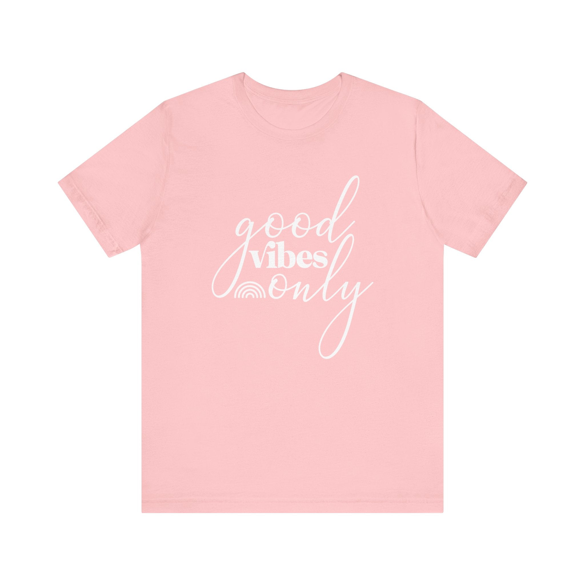 Pink t-shirt with 'good vibes only' text 
