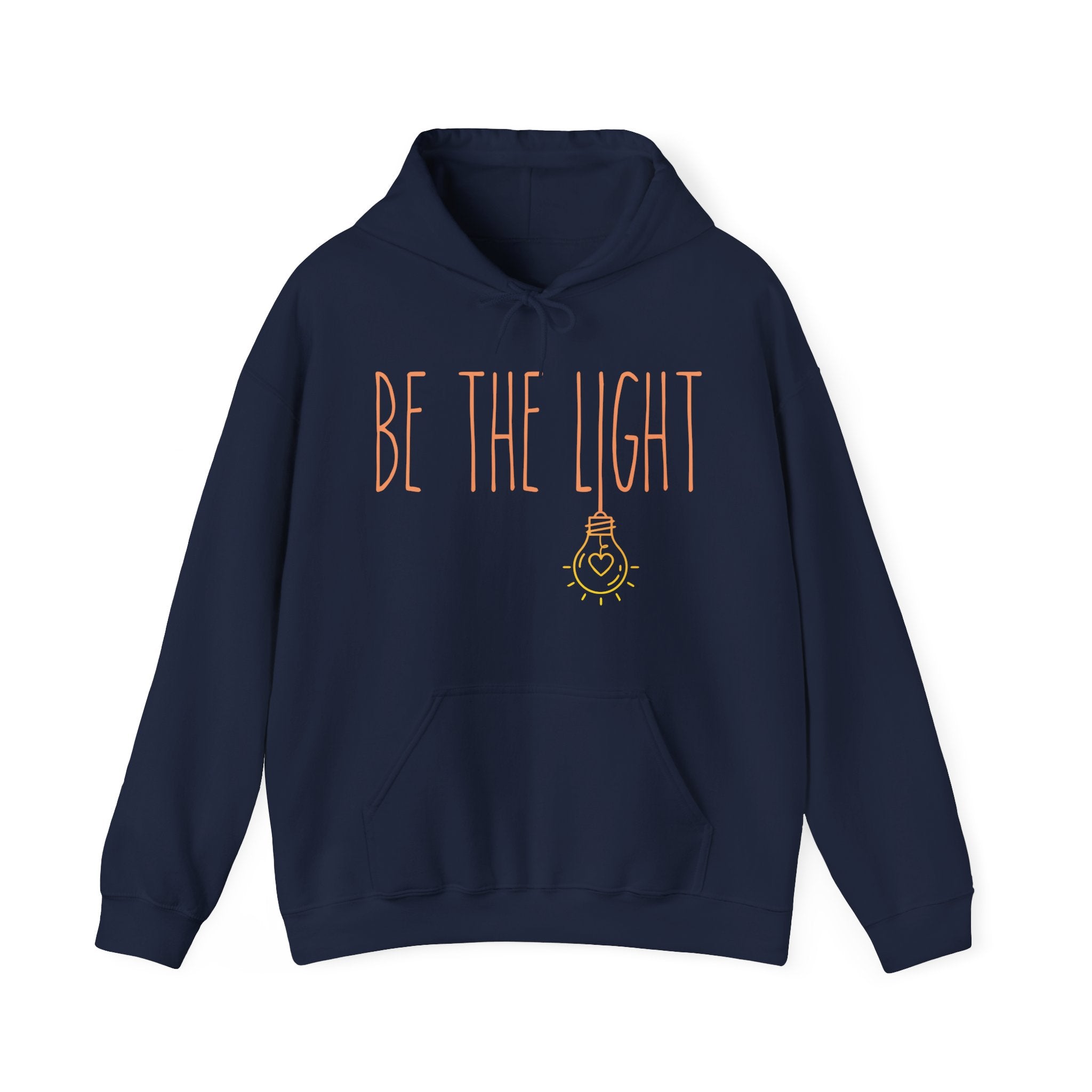 Navy blue hoodie with 'BE THE LIGHT' text 