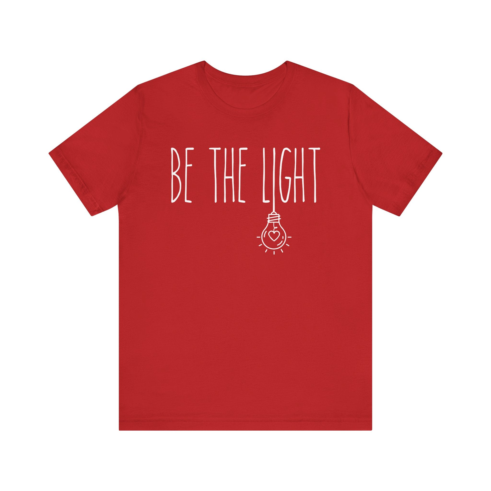 Red t-shirt with 'BE THE LIGHT' text 