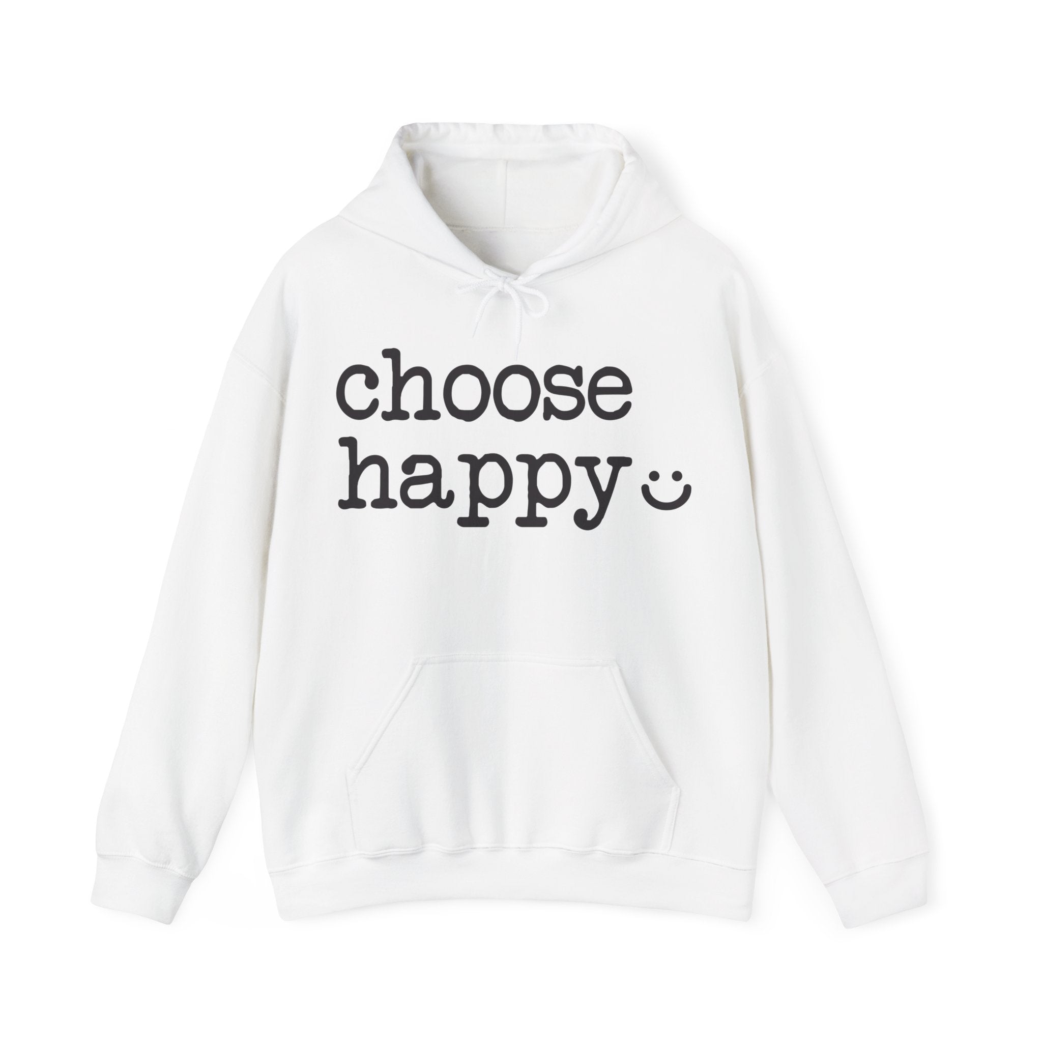 White hoodie with 'choose happy' text 