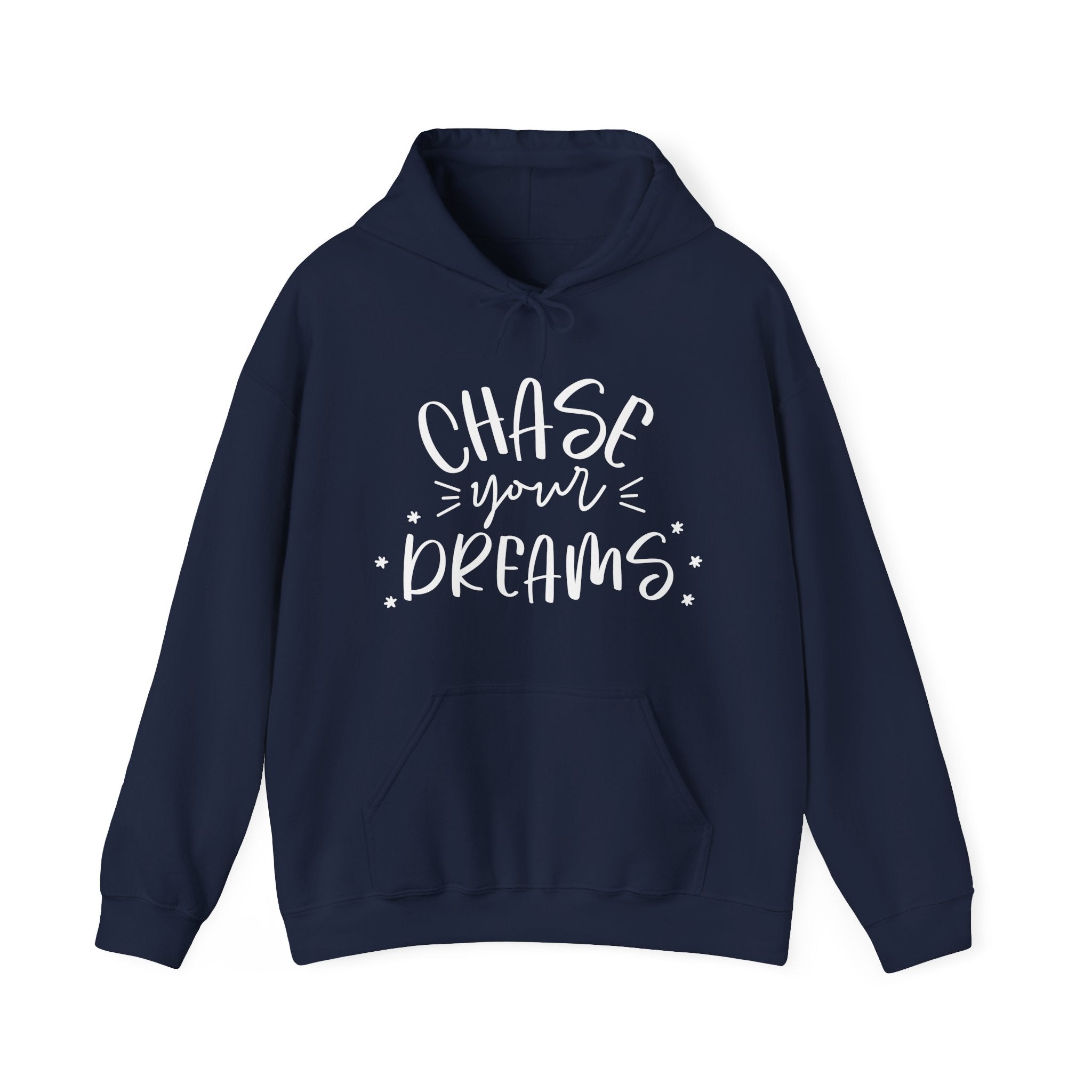 Navy blue hoodie with 'Chase your dreams' text 