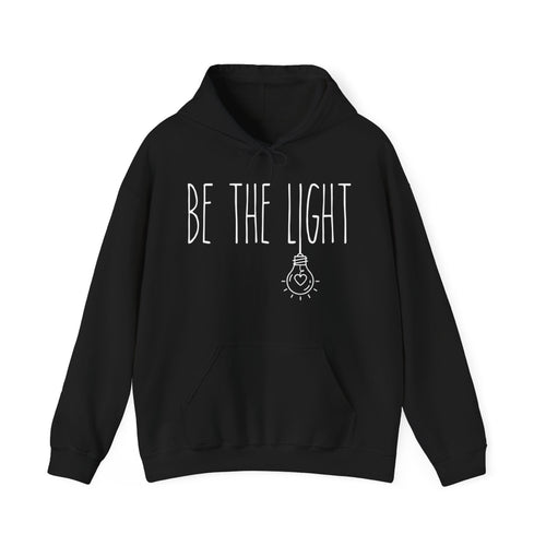 Black hoodie with 'BE THE LIGHT' text and light bulb graphic 