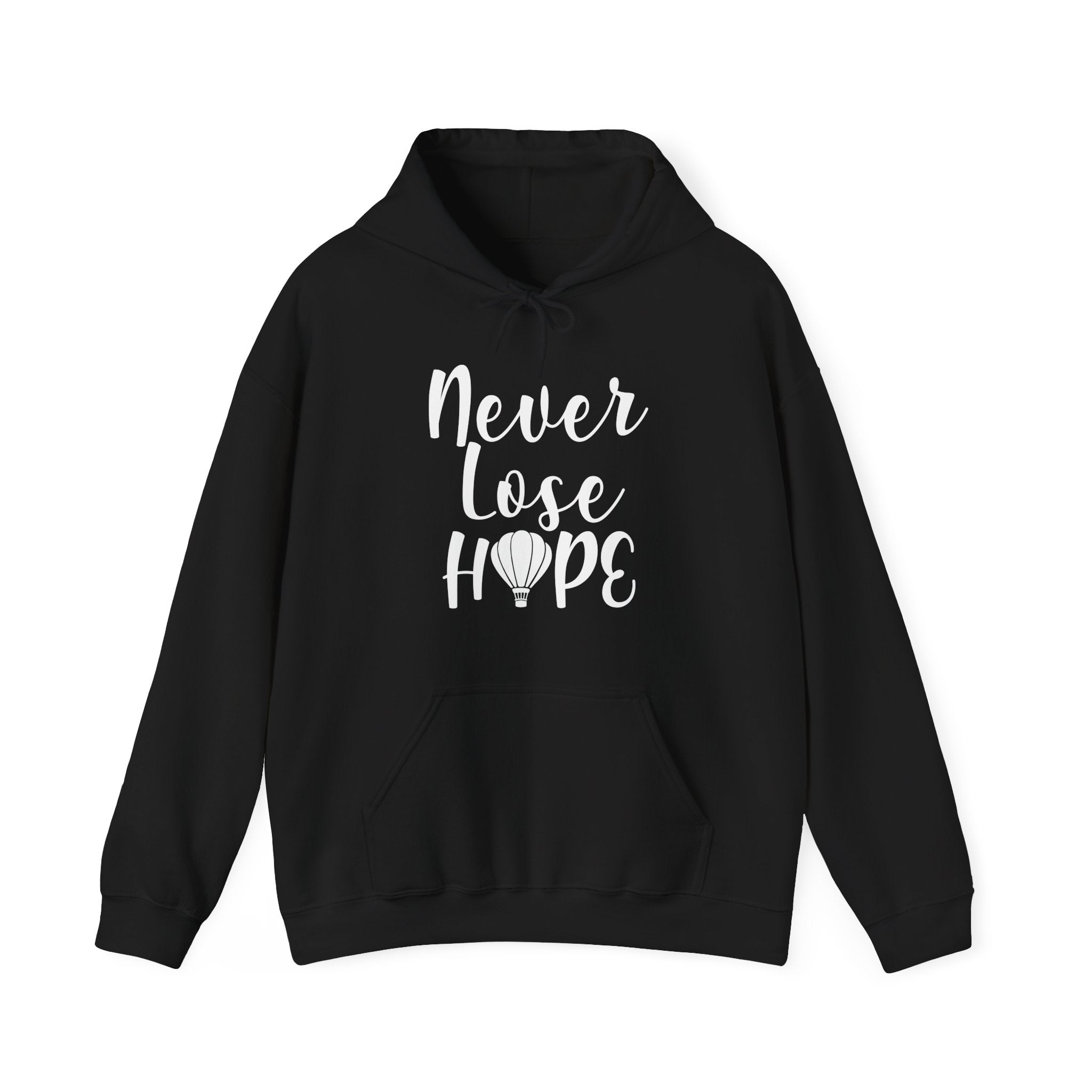 Black hoodie with 'Never Lose Hope' text 