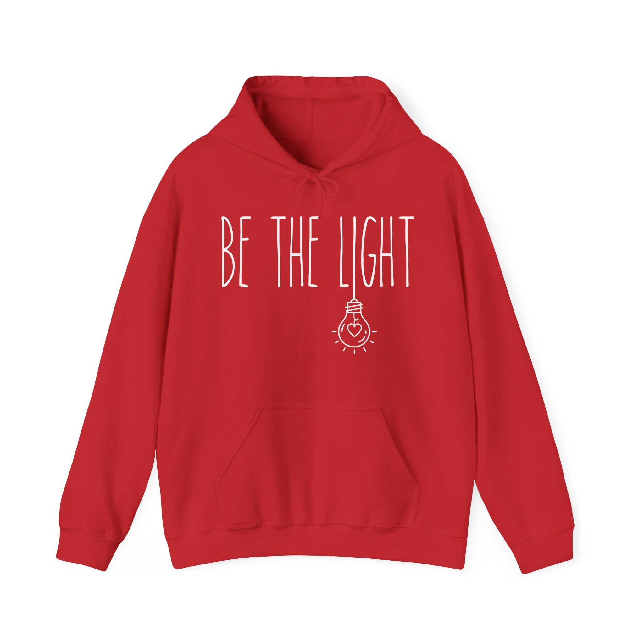 Red hoodie with 'BE THE LIGHT' text and light bulb graphic