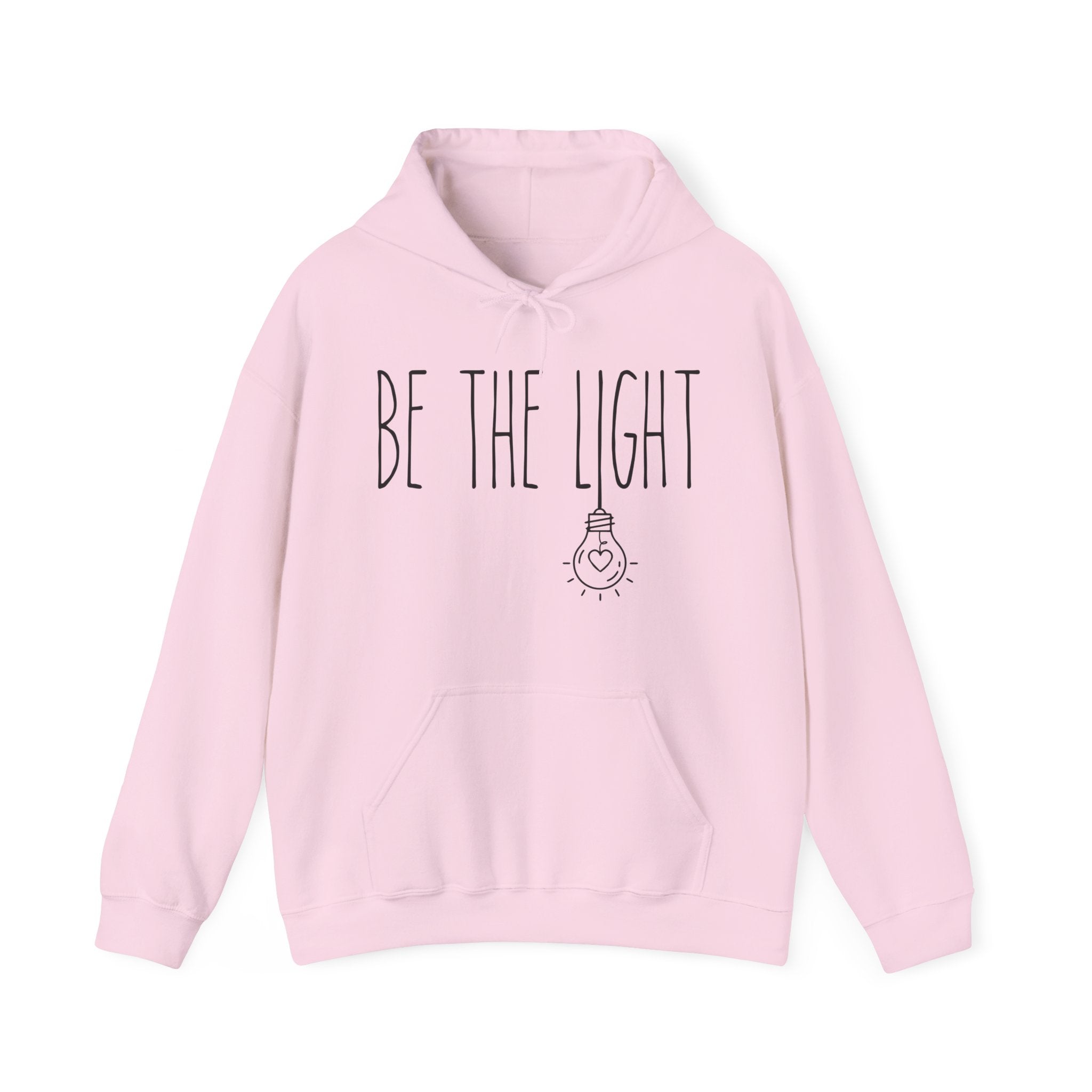 Light Pink hoodie with 'Be the Light' text and light bulb graphic 