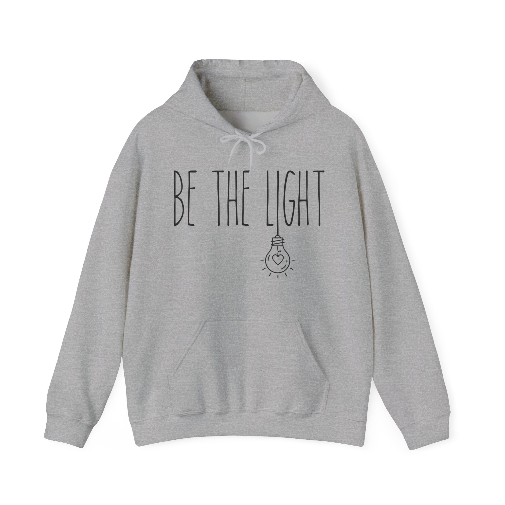 Gray hoodie with 'Be the Light' text and light bulb graphic