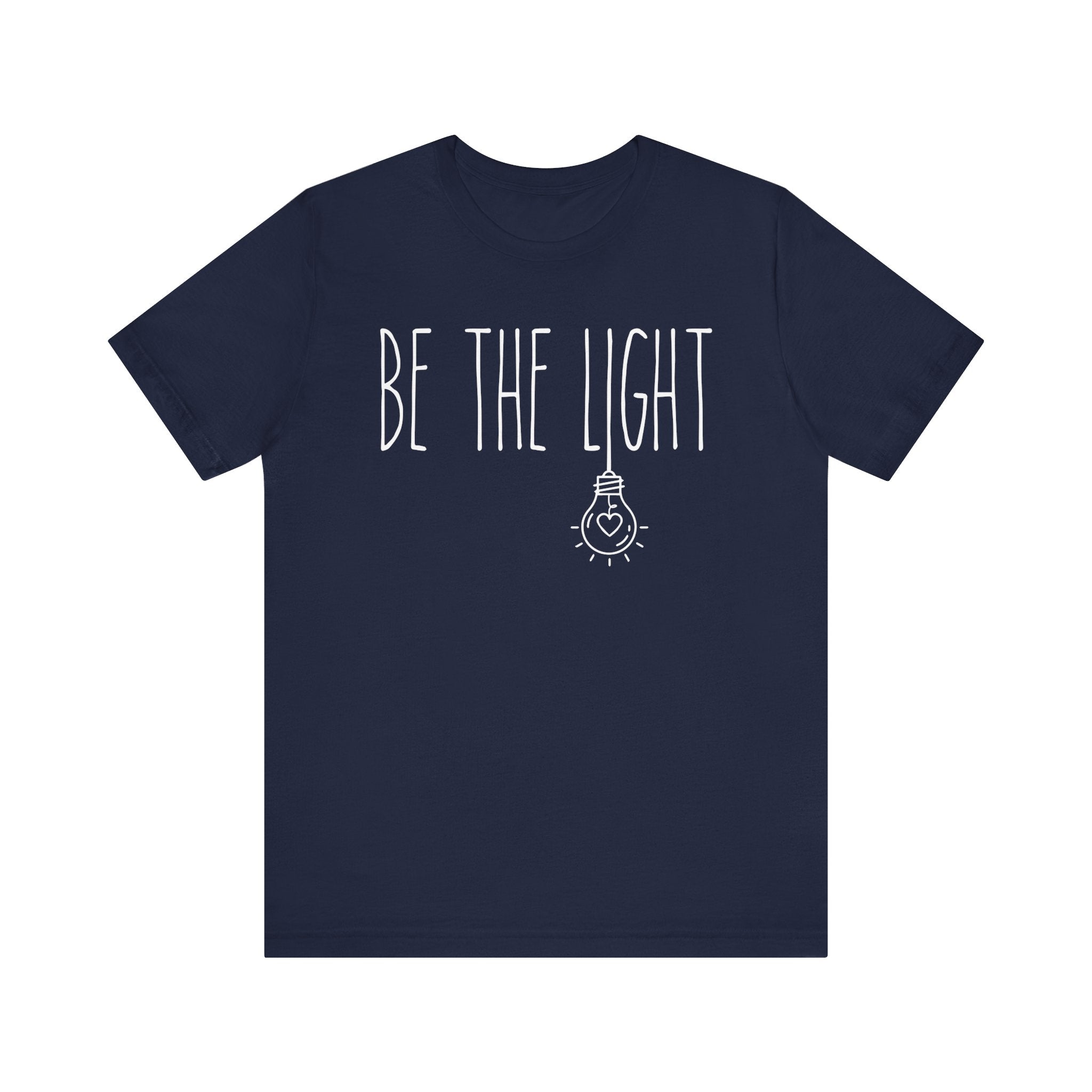 Navy blue t-shirt with 'BE THE LIGHT' text 