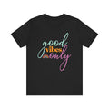 Black t-shirt with 'good vibes only' text 