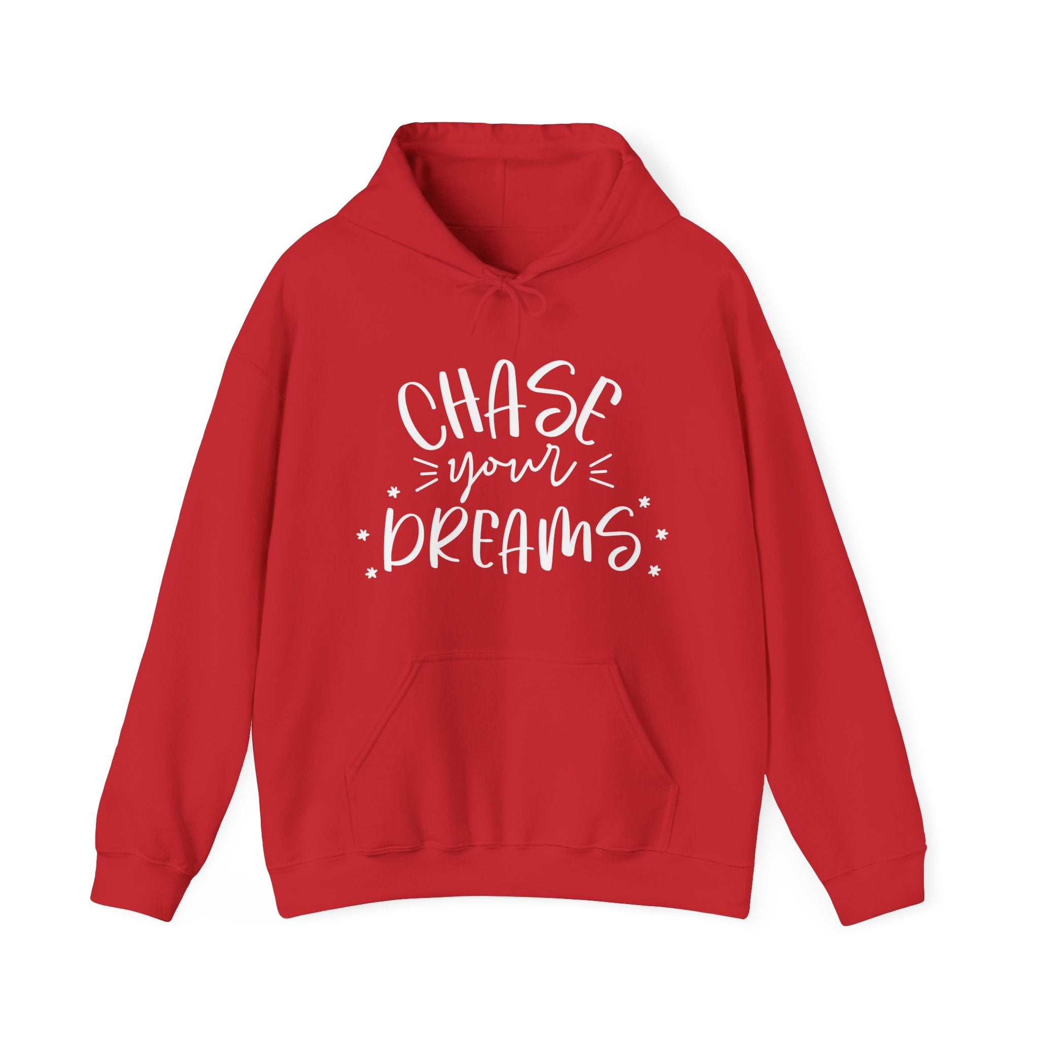 Red hoodie with 'Chase your dreams' text 