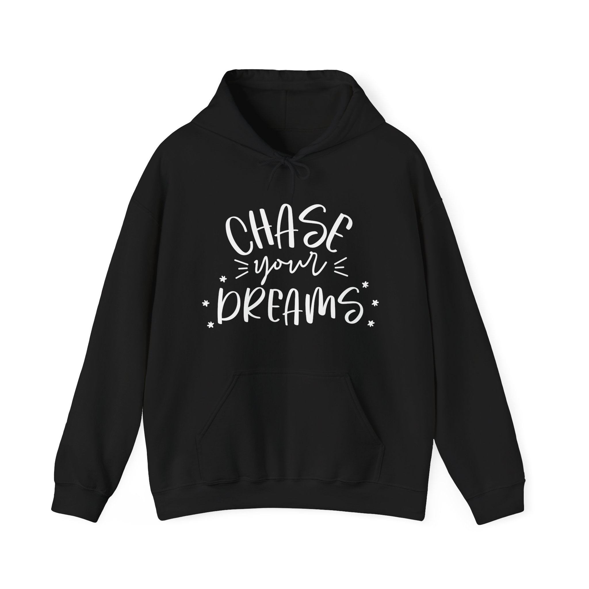 Black hoodie with 'Chase your dreams' text 