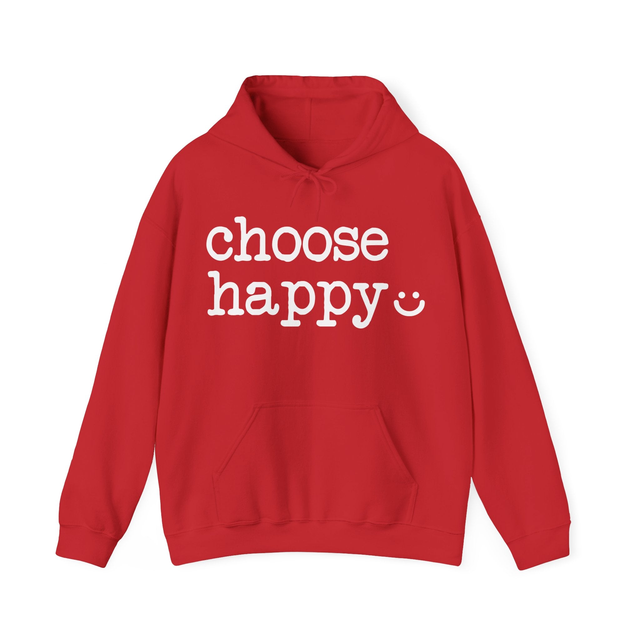 Red hoodie with 'choose happy' text on a white background