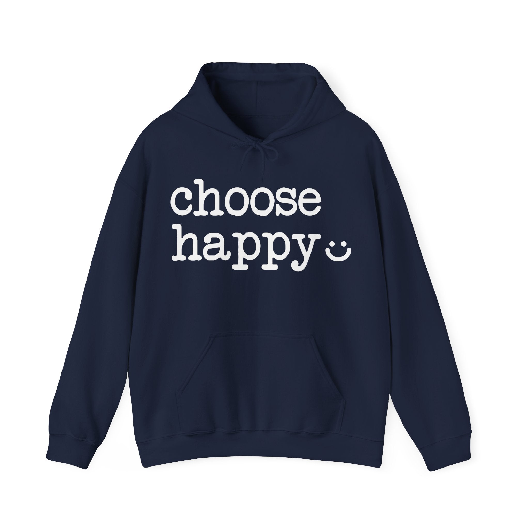 Navy blue hoodie with 'choose happy' text 