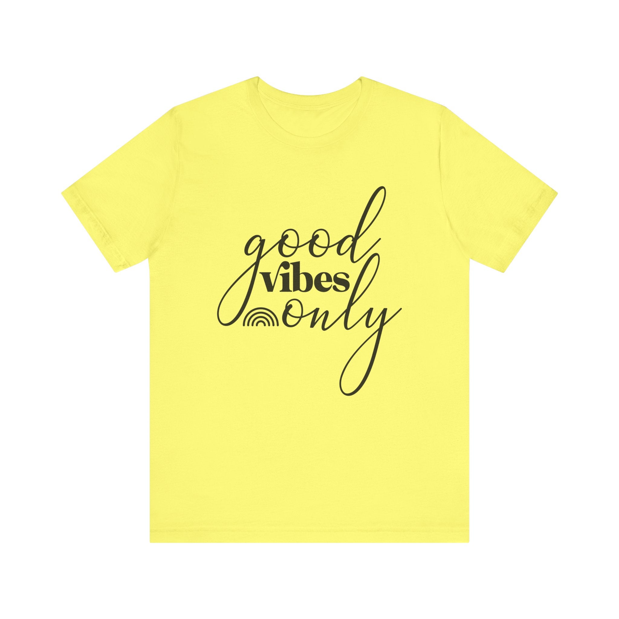 Yellow t-shirt with 'good vibes only' text 