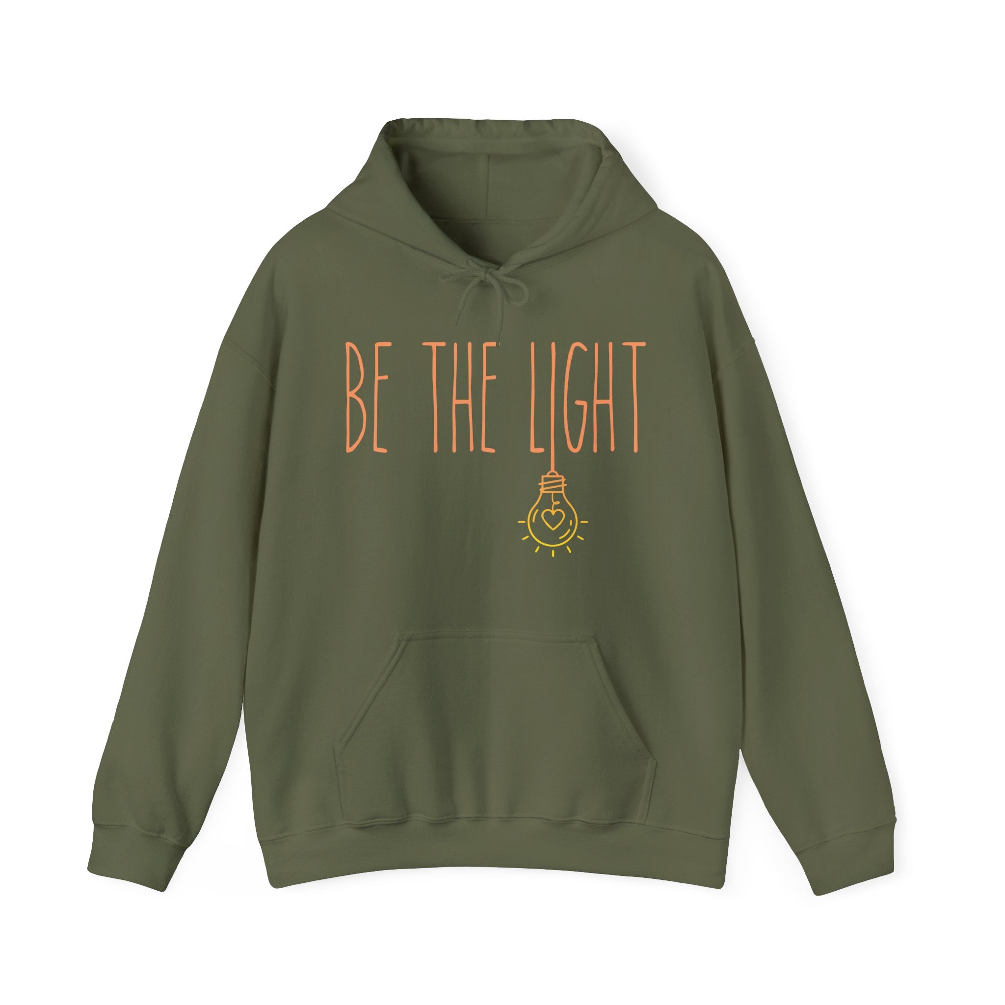 Military Green hoodie with 'Be the Light' text 