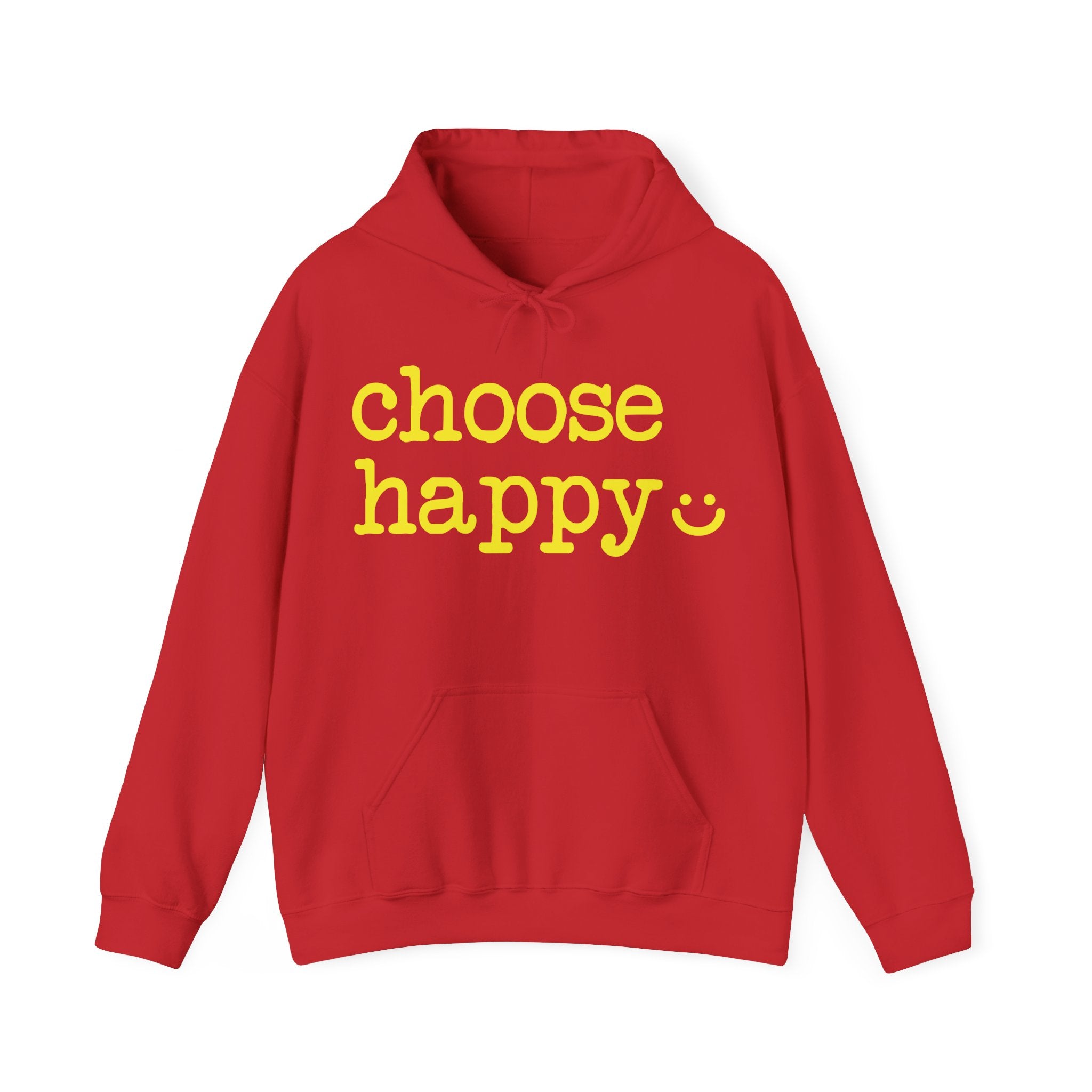Red hoodie with  text 'choose happy' 