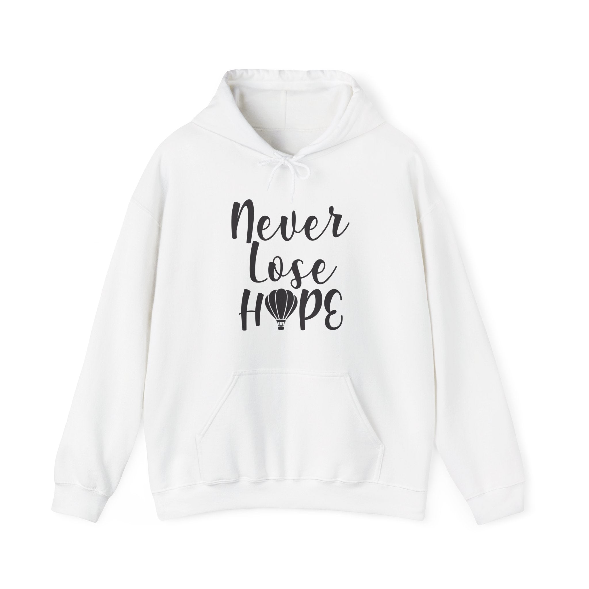 White hoodie with 'Never Lose Hope' text 