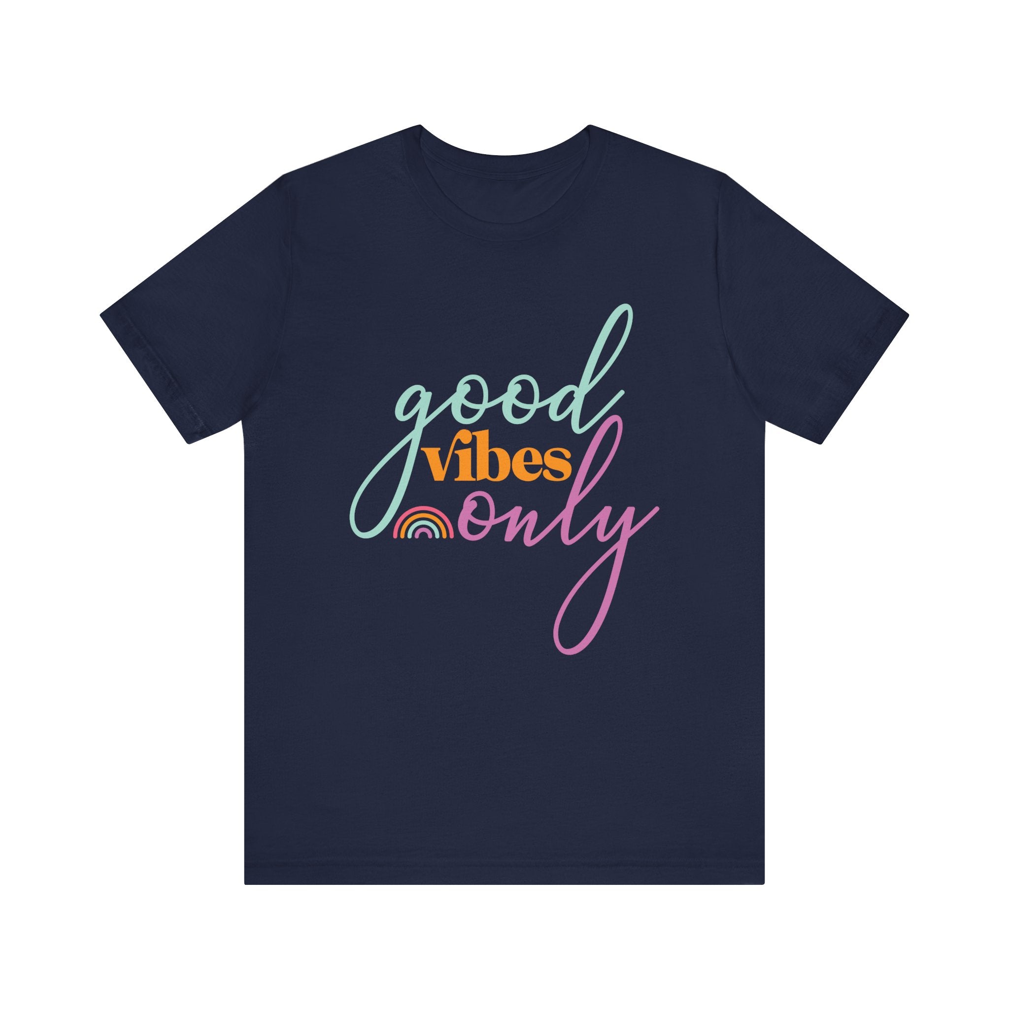 Navy blue t-shirt with 'good vibes only' text 