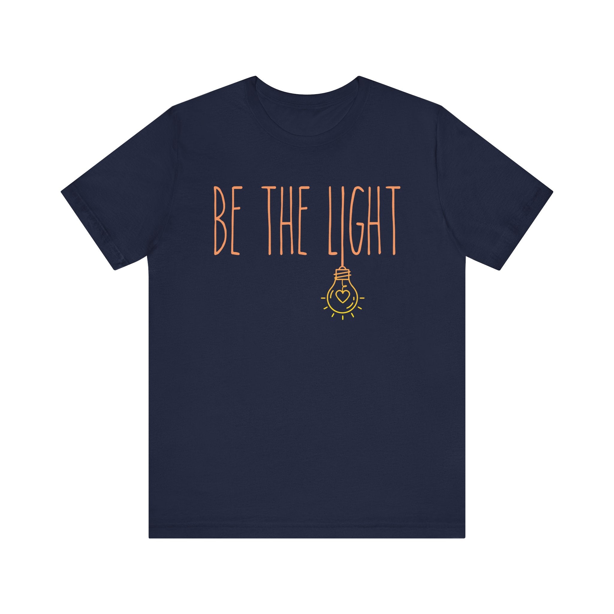 Navy blue t-shirt with 'BE THE LIGHT' text 
