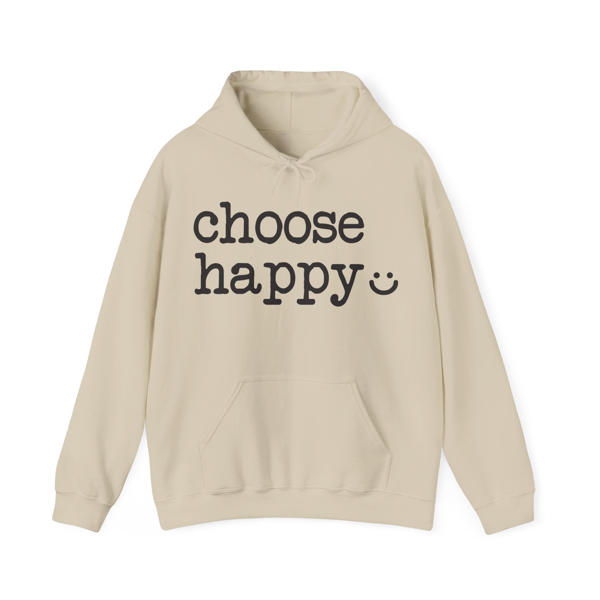 Sand Beige hoodie with 'choose happy' text 