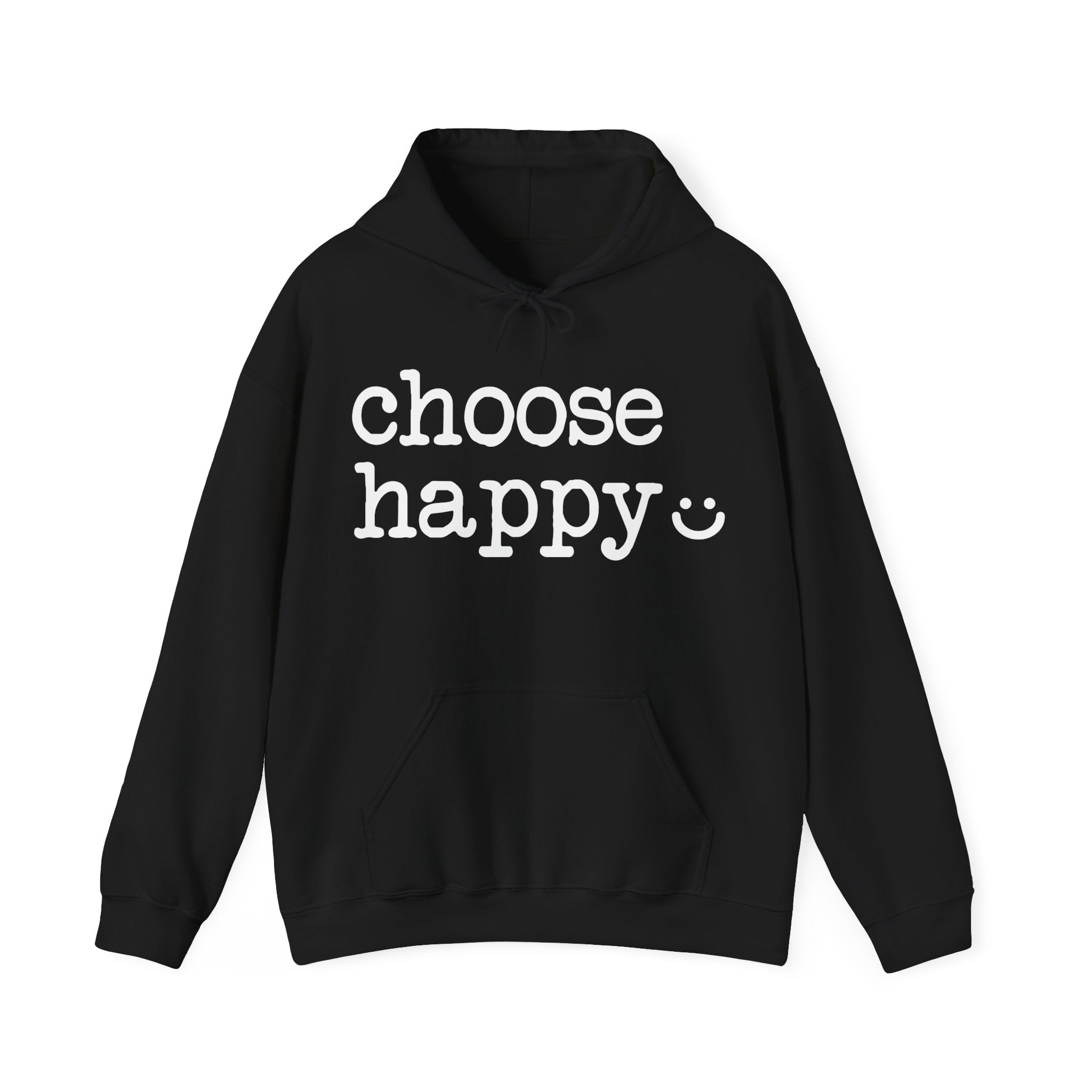 Black hoodie with 'choose happy' text 