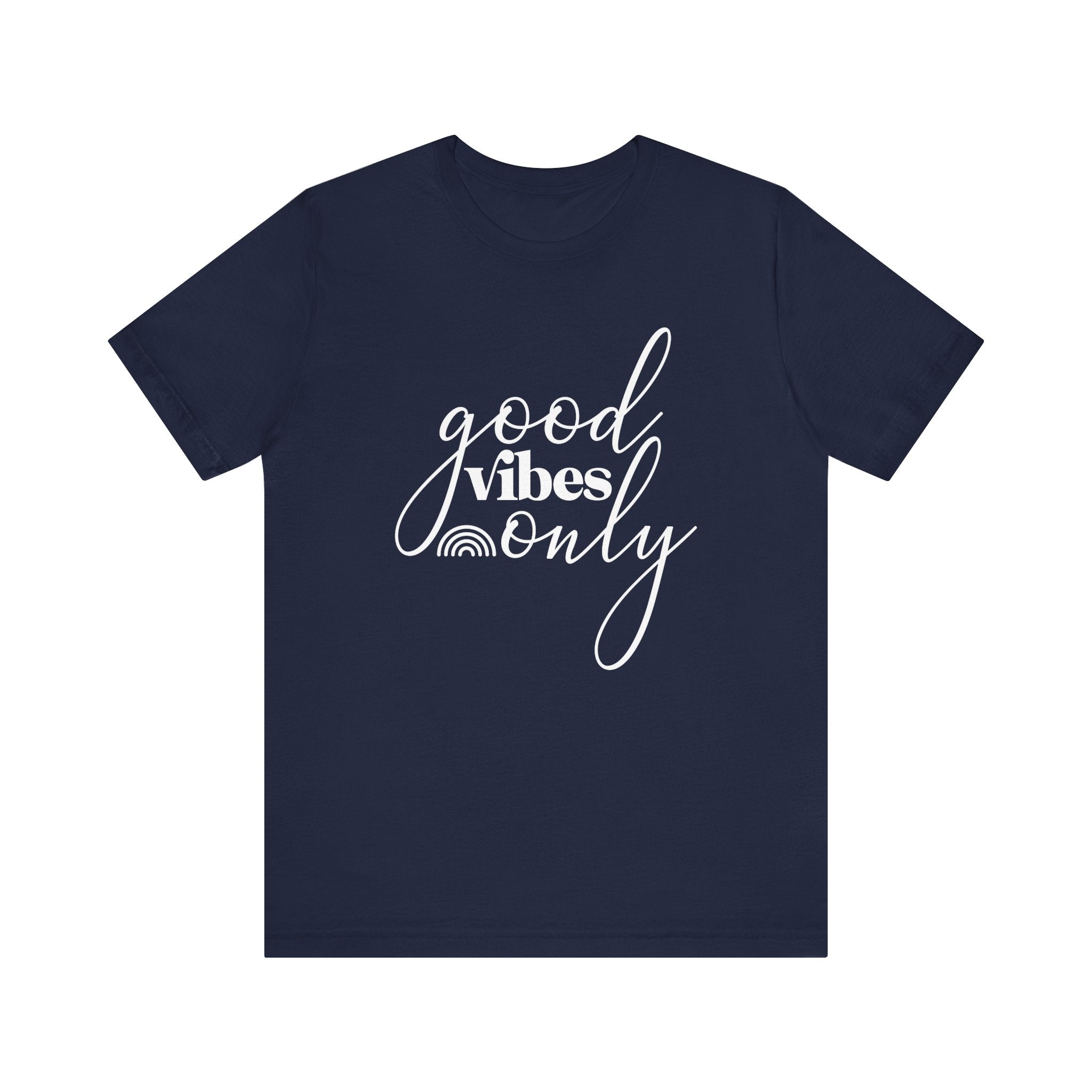 Navy blue t-shirt with 'good vibes only' text 